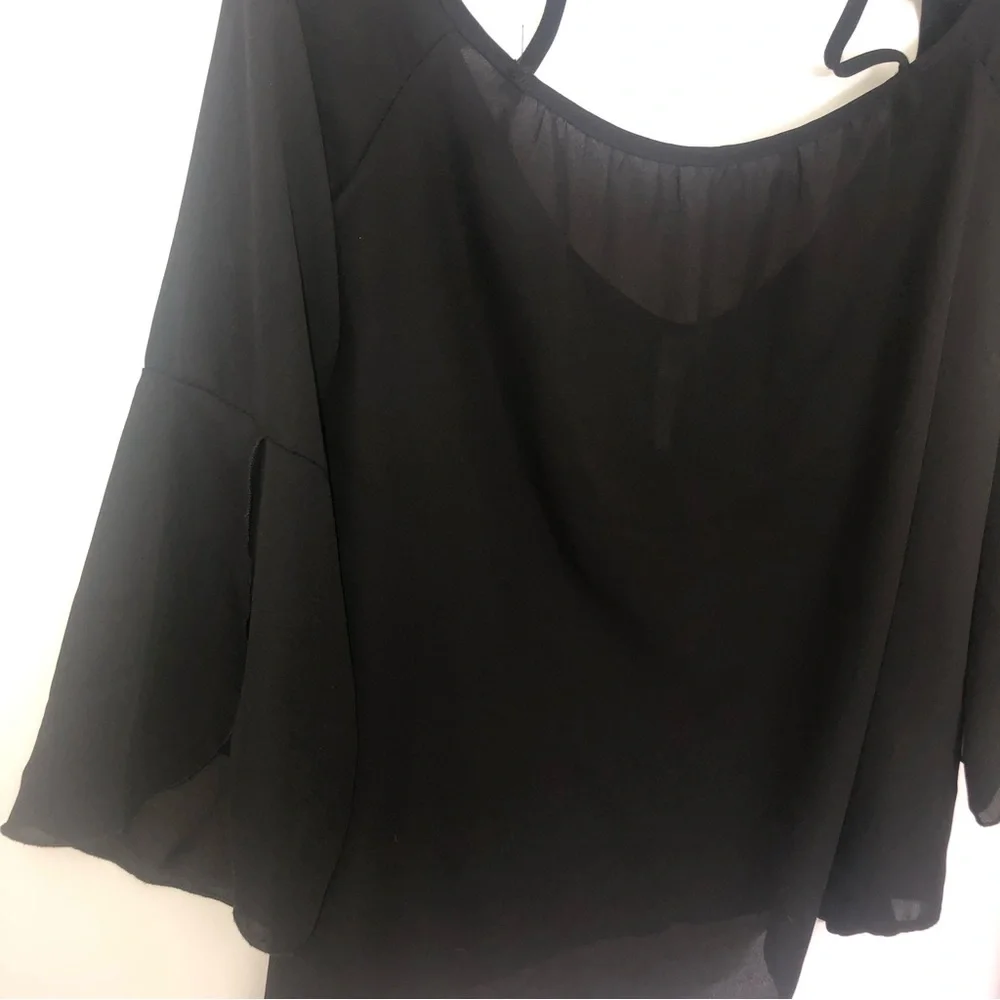 Lovely Day Top S Black Sheer Off Shoulder Cross Strap Back Slit Flare Sleeve VTG